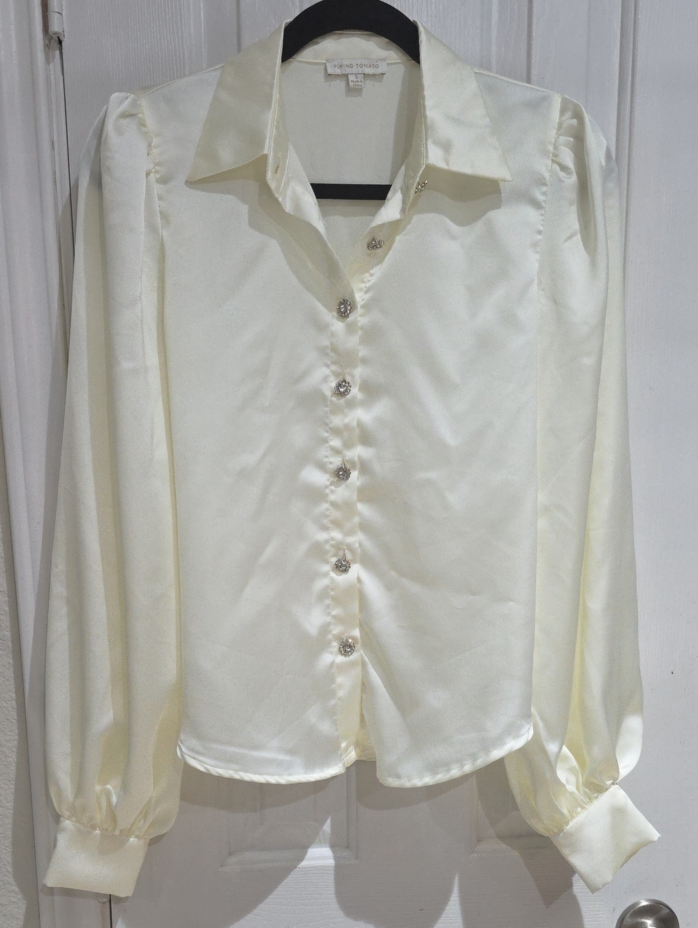 Flying Tomato Satin Ivory Rhinestone Button-Front Blouse Size S
